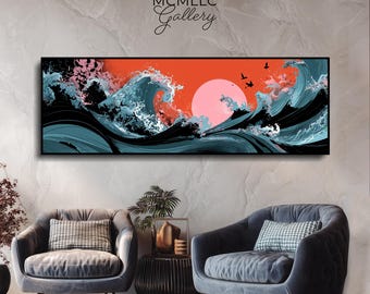 Japanese Abstract Ocean Art: Large SEG Fabric Wall Print with Black Frame