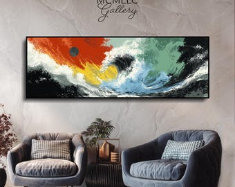 Japanese Ocean Wave Art: Modern Abstract Fabric Print in Black Aluminum Frame