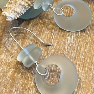 Scottish sea glass dangle earrings, on sea foam or aqua hoops.