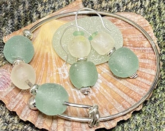 Expandable silver bangle with Scottish sea glass. Matching set.