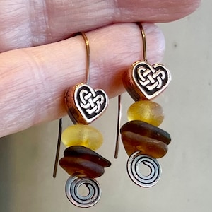 Celtic copper hearts and Scottish sea glass drop earrings