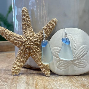 Genuine Scottish sea glass, sea foam and blue drop earrings, set in sterling silver.