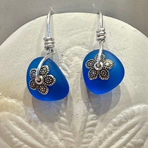 Cobalt blue genuine sea glass drop earrings, set in sterling silver