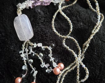 Rosenquarz Vintage Halskette | Lange Perlenkette | Femininer Boho Schmuck | Einzigartiges Geschenk