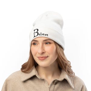 Believe Script B Embroidered Knit Beanie | Inspirational Winter Hat