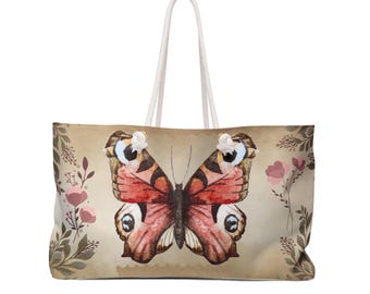 Vintage Style Butterfly Floral Weekender Tote Bag – Oversized Beach Travel Bag