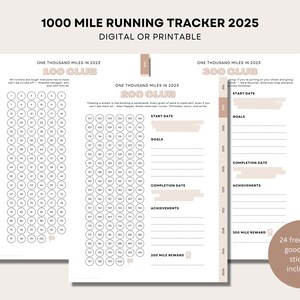 Op de afbeelding: Een digitale of afdrukbare 1000 Mile Running Tracker voor 2025. Het ontwerp bevat trackers voor 100, 200 en 300 club mijlpalen, met ruimte voor doelen, start- en einddata en prestaties. Inclusief 24 digitale stickers.