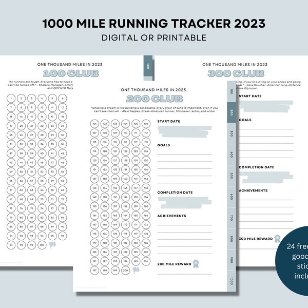 1000 Miles in 2023 Running Tracker | Printable Digital Download | Hyperlinked PDF | Goodnotes Running Tracker