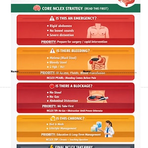 May include: Educational infographic on gastrointestinal disorders, featuring a stethoscope and anatomical illustrations. The guide includes sections on emergencies, bleeding, blockages, and chronic conditions, with key takeaways.