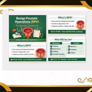 May include: An educational graphic on Benign Prostatic Hyperplasia (BPH) with medical illustrations and text. The image includes information on BPH symptoms, causes, and key points for nursing students. The text includes "NCLEX Must-Know Nursing Priorities."