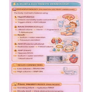 Könnte beinhalten: Lehrreiche Infografik zum endokrinen System, mit Schwerpunkt auf Flüssigkeits- und Elektrolyt-Homöostase. Der Leitfaden enthält Diagramme von Hypothalamus, Nieren und Herz, zusammen mit Text zur Erklärung des RAAS-Systems und der Prioritätsregeln.