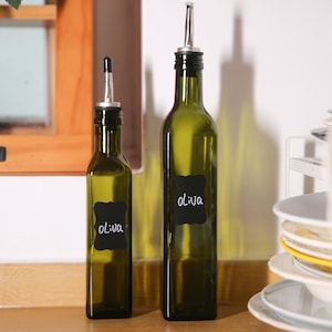 Glass Olive Oil Dispenser Bottle Set 17oz and 8.5oz, 500ml Dark Green Oil & Vinegar Cruet Bottle with Pourers,Funnel and labels for Kitchen