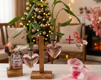 May include: A decorative arrangement featuring two heart-shaped glass vases holding green plants, mounted on a wooden stand. A small wooden block with a floral arrangement and a greeting card is to the left. A pair of pink and white heart-patterned socks are in the foreground.