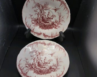 2 x AUV5 Aux Au Provence French Country Red  & White Rooster Saucers Chicken scene