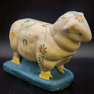 Vintage Chalkware Folk Art Hand Painted Sheep, Ewe "Delft Dutch" Style, Plaster