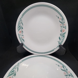 May include: Two white round plates featuring a decorative border pattern of thin teal lines and a floral motif with green leaves and small pink flowers. The plates have a smooth, glossy finish and a simple, circular design suitable for dining.