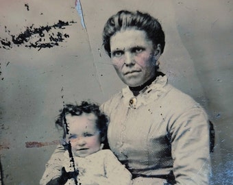 Mother Macabre - Antique Victorian Tintype of Stern Mom w/ child, circa 1870. Black & White Photo. Vintage 1800s Spooky Creepy Unusual Odd
