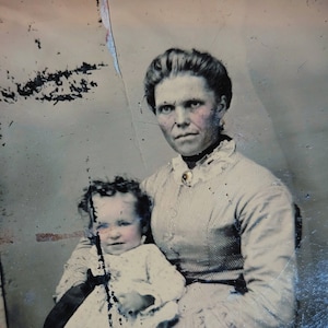 Mother Macabre - Antique Victorian Tintype of Stern Mom w/ child, circa 1870. Black & White Photo. Vintage 1800s Spooky Creepy Unusual Odd