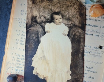 Big Eyed Baby Love - Antique Real Photo Postcard of an Infant w/ Long Dress on Fuzzy Blanket, circa 1910 - Vintage Photography RPPC