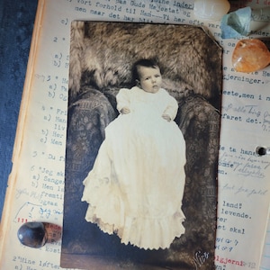 Big Eyed Baby Love - Antique Real Photo Postcard of an Infant w/ Long Dress on Fuzzy Blanket, circa 1910 - Vintage Photography RPPC