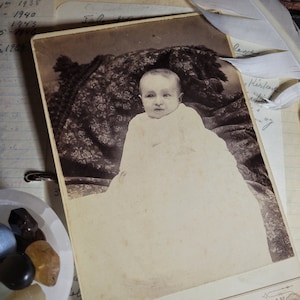 Baby In White - Antique Victorian Cabinet Card of a Child In A Long Dress, circa 1890 from Holland, Michigan - Vintage 1800s Photography
