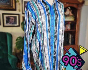 Donelli Striped Shirt Abstract NWT Vintage 90s Button Up Blue Black White Size M