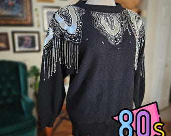 Vintage 80s Black Beaded Fringe Sweater Embellished Shoulder Sparkle Glam Size S