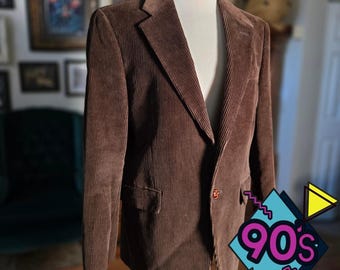 Vintage 90s Lauren Ralph Mens Brown Corduroy Blazer Coat Suede Elbow Patches