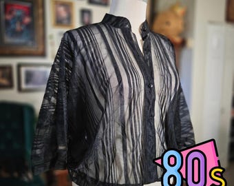 Vintage 80s Silver Rose Sheer Striped Black Formal Blouse Made in England
