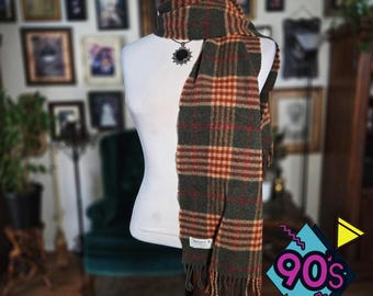 John Hanly & Co Scarf Ireland Lambswool Vintage 90s Green Plaid Tartan Wrap