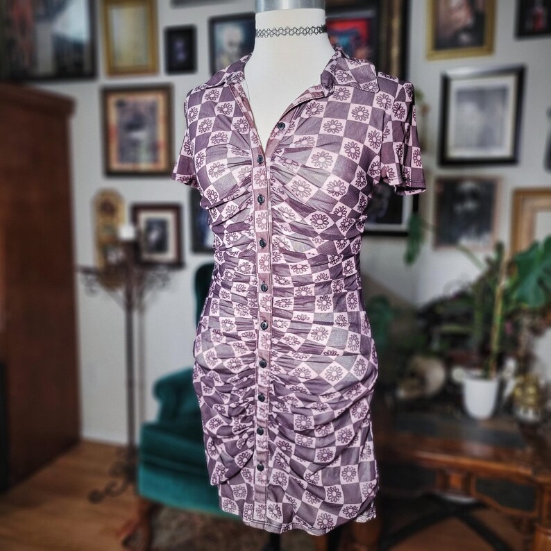 Urban Outfitters Mini Dress Vintage Y2K Checkerboard Ruched Mallgoth Medium immagine 2