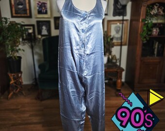 Vintage 90s Satin Pajama Jumpsuit Sleepwear Loungewear Silver Blue Button Front