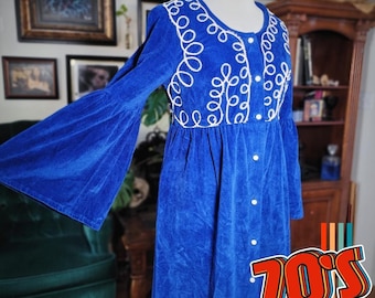 Vintage 70s KEYLOUN Womens Blue Velvet Renaissance Embroidered Maxi Dress Medium