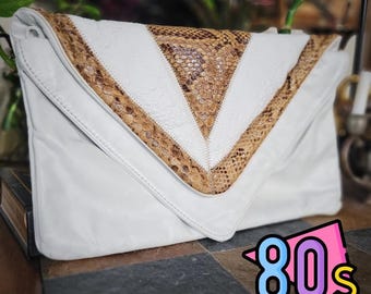 Clutch Bag Purse Leather Genuine Snakeskin Vintage 80s Envelope Large Handbag