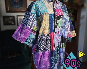 Java Lava Patchwork Shirt Batik Cotton Vintage 90s Boho Abstract Print One Size