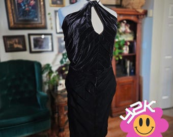 Tadashi Shoji Velvet Dress Black Vintage Y2K Halter Bodycon Cocktail Evening