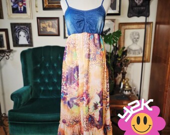 B with U Denim Dress Vintage Y2K Animal Print Maxi 2000s Boho Cheetah Small S