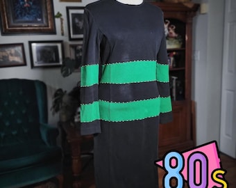 Vintage 80s Adrienne Vittadini Dress Black Green Studded Knit Cotton Womens 4