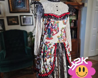 Vintage Y2K Spirit Halloween Day of the Dead Long Sleeve Dress Lace Trim