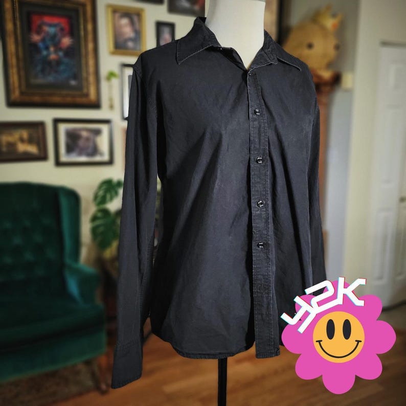 Vintage Y2K Fender Black Button Up Shirt Long Sleeve Embroidered Logo Guitar M image 2