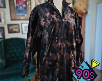 Elnora Faux Fur Jacket Vintage 90s Brown Black Abstract Plush Zip Coat Large