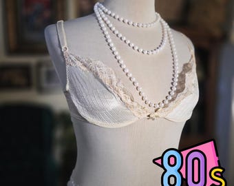 Vintage 80s Warner's Frilly Lace Bra 36B Ivory Lacy Sheer Underwire Lingerie
