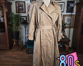 Evan Picone Trench Coat Vintage 80s Tan Double Breasted Belted Rain Jacket 14P