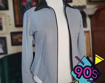 Rayure Herringbone Jacket Vintage 90s Faux Leather Trim Office Siren Top Small