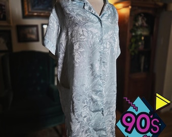 Vintage 90s Lauren Rogers Blue Floral Jacquard Button Down Night Shirt