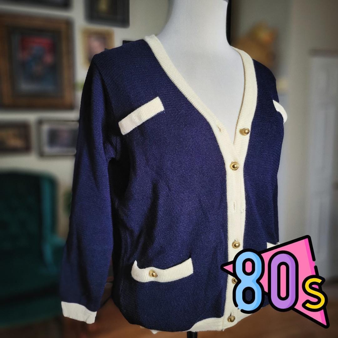 Jaeger, Jaeger Cardigan Navy Blue Vintage 80s Wool Gold Button Preppy British Sweater S