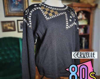 Cervelle Wool Sweater Vintage 80s Beaded Embellished Black Knit Top Large 6470C