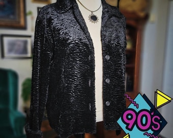 Carol Anderson Black Jacket Vintage 90s Faux Persian Lamb Astrakhan Blazer Small