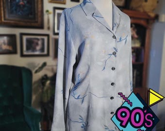 Vintage 90s Yessica Gray Floral Button Front Blouse Long Sleeve Medium Shirt Top