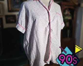 Vintage 90s JILANDRE Womens Pajama Top Floral Button Up Short Sleeve Sleep Shirt